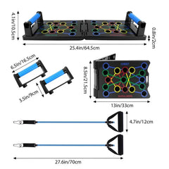 Dimension diagrams of a foldable push up board, its detachable handles, and two resistance bands with inch and cm measurements