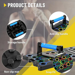 Product details of push up board showing anti slip handle, storage handle, non-slip mat, and snap fit board markings
