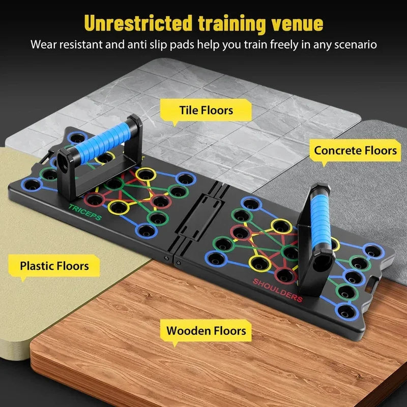 Push up board resting across tile, concrete, plastic, and wood floor samples with labeled floor types