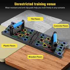 Push up board resting across tile, concrete, plastic, and wood floor samples with labeled floor types