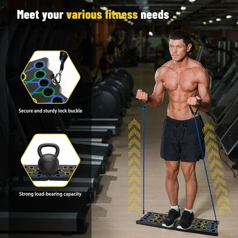 Man using resistance bands attached to a push up board in a gym, with callouts for lock buckle and load capacity