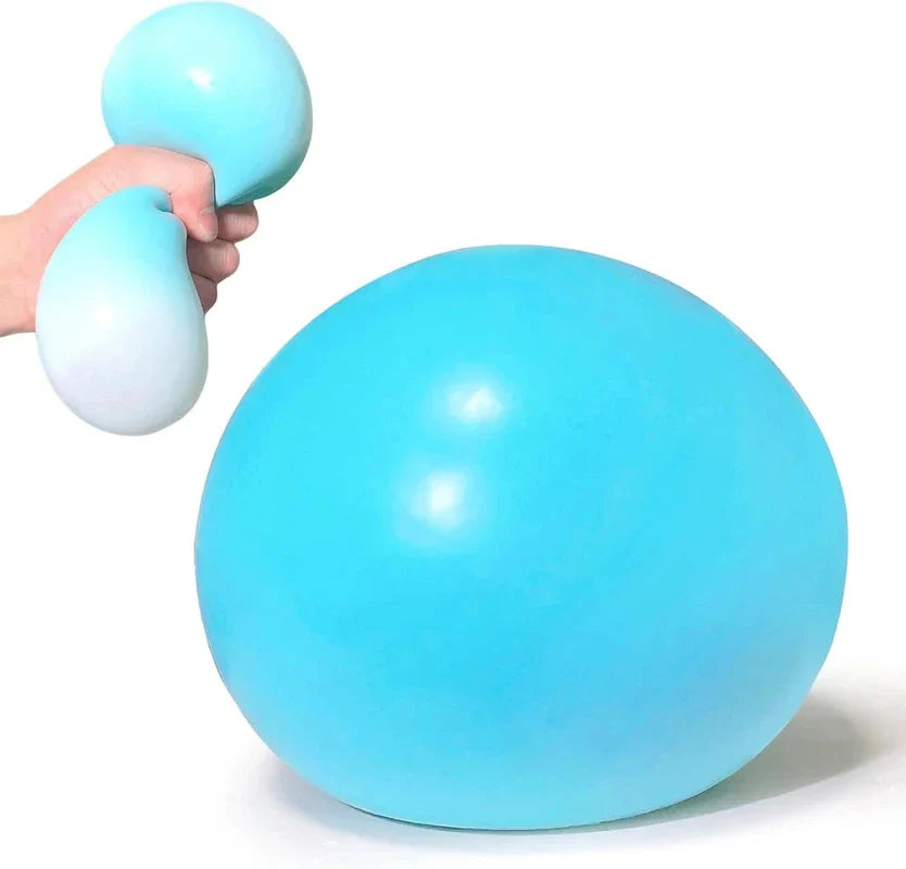 Giant Stress Ball - Light blue squishy ball being squeezed by a hand next to an unsqueezed matching ball