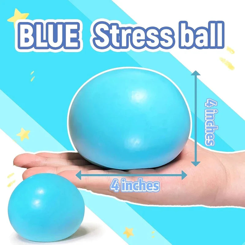 Giant Stress Ball - Light blue 4-inch squishy ball resting on an open palm with size dimension markers