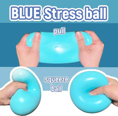 Giant Stress Ball - Two hands pull a blue stress ball between them, with two separate hand squeezing demonstrations of the ball below.