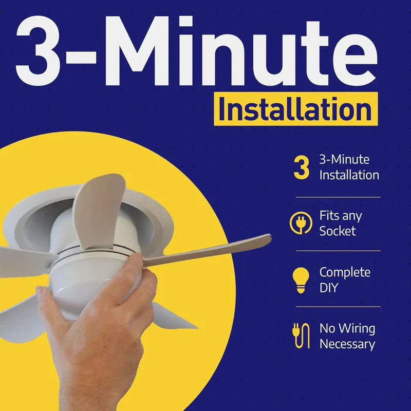 Hand installing wunder cool fan light into ceiling socket, with 3-minute installation text on blue-yellow graphic