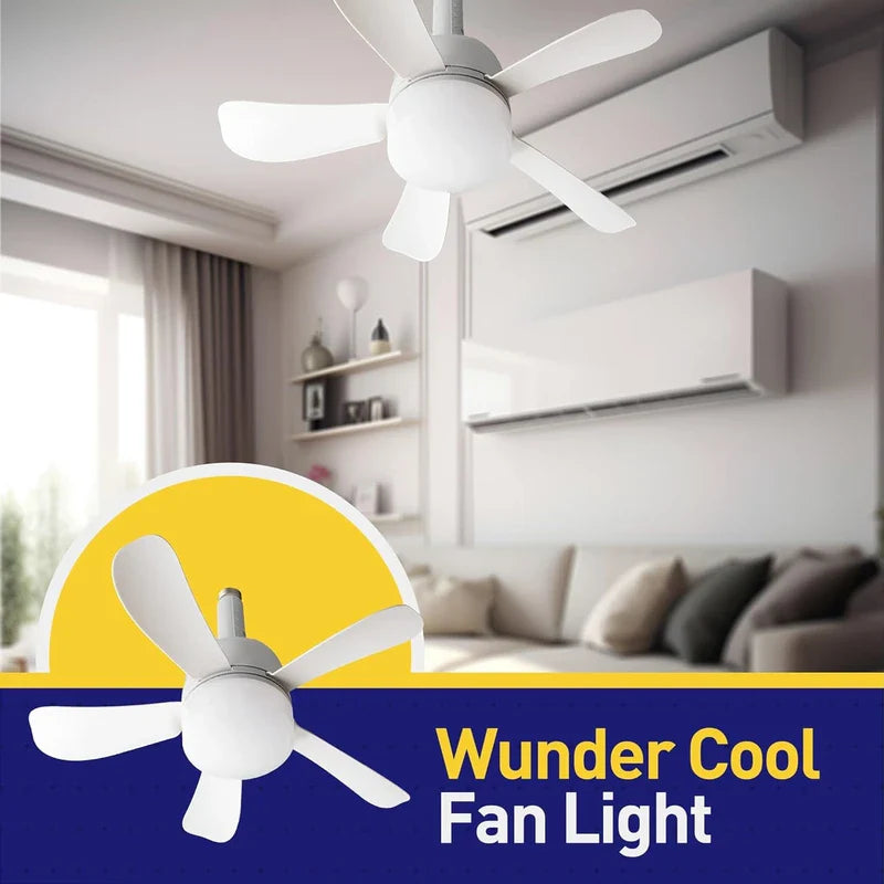 Ventilador de techo con luz instalado en una sala de estar moderna con un suave resplandor ambiental