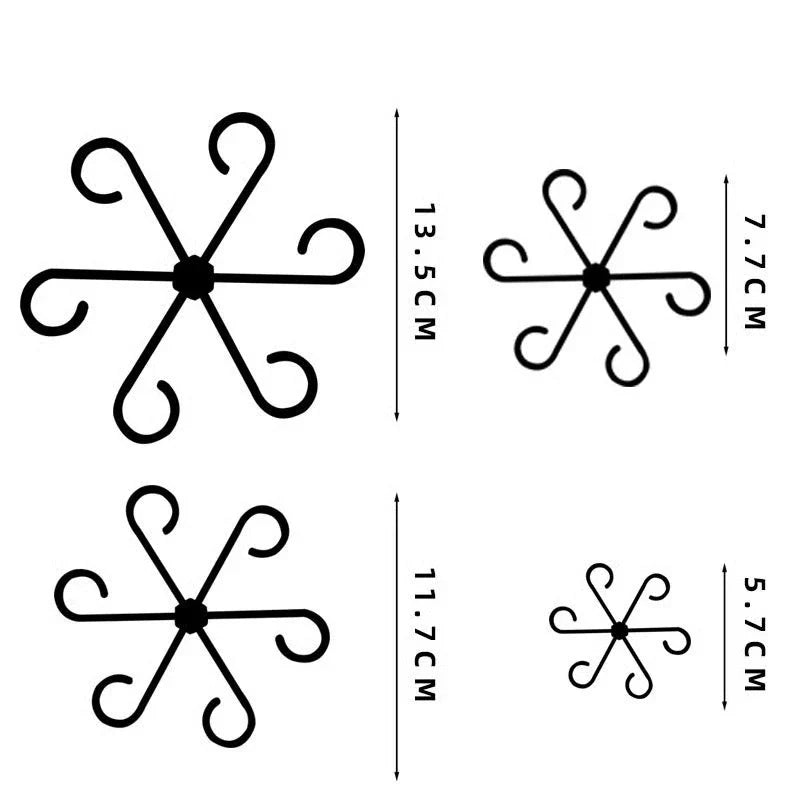 Plant Stem Support - Four black six-hook plant supports displayed on white, each marked with its vertical size measurement.