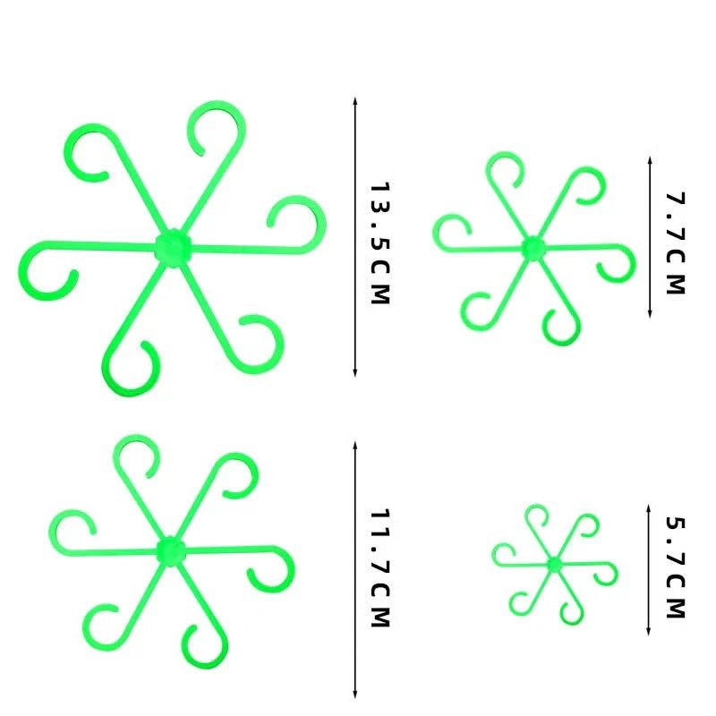 Four different sizes of green plant stem support on white background, each labeled with height dimensions