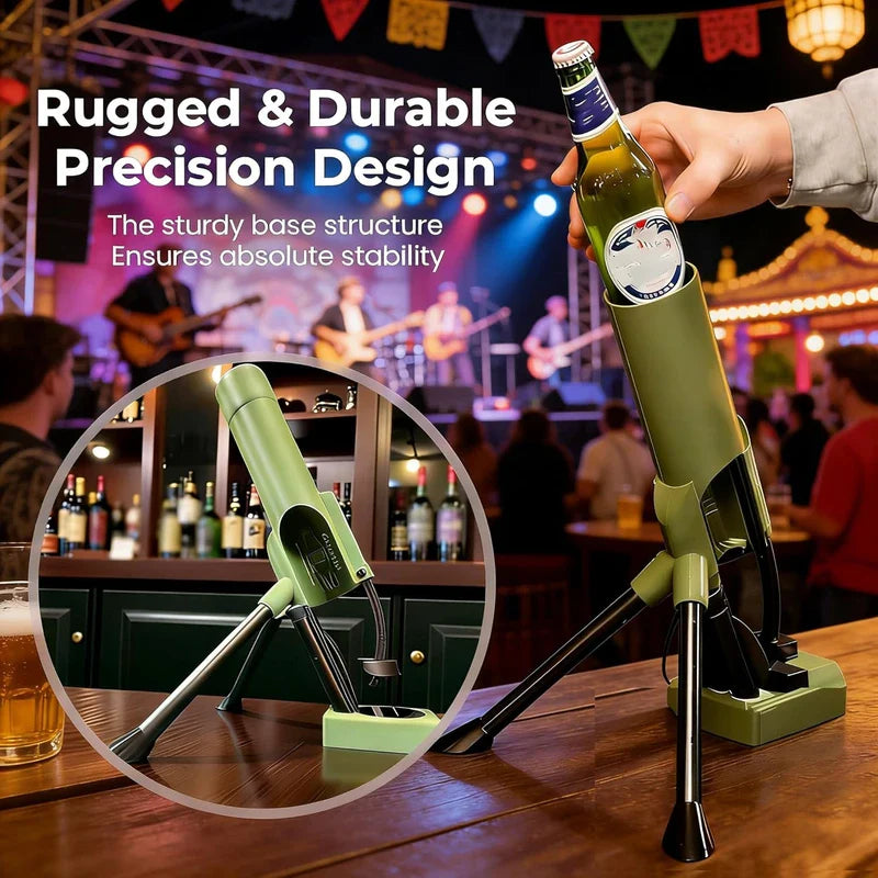 Hand inserting a beer bottle into the olive green mortar opener, festival background, closeup of the empty opener in an inset circle