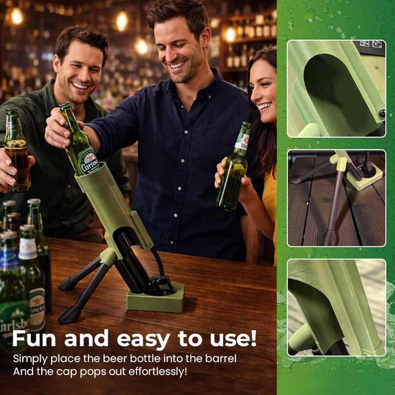 Man placing a beer bottle into the olive green mortar-shaped opener, people gathered at a table, product detail shots on the right