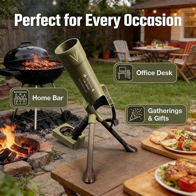 Mortar-shaped bottle opener displayed on an outdoor patio table beside a grill and fire pit, with three use case labels