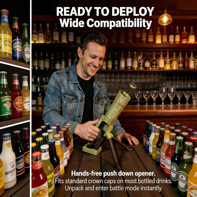 Man pressing down on the mortar-shaped bottle opener to remove a bottle cap, with assorted bottled drinks surrounding it