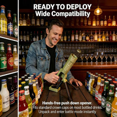 Man pressing down on the mortar-shaped bottle opener to remove a bottle cap, with assorted bottled drinks surrounding it