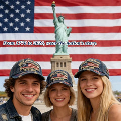Gorra de béisbol conmemorativa: tres personas usando gorras a juego, sonriendo, con la Estatua de la Libertad y la bandera de EE. UU. de fondo, y texto superpuesto que dice la historia de la nación
