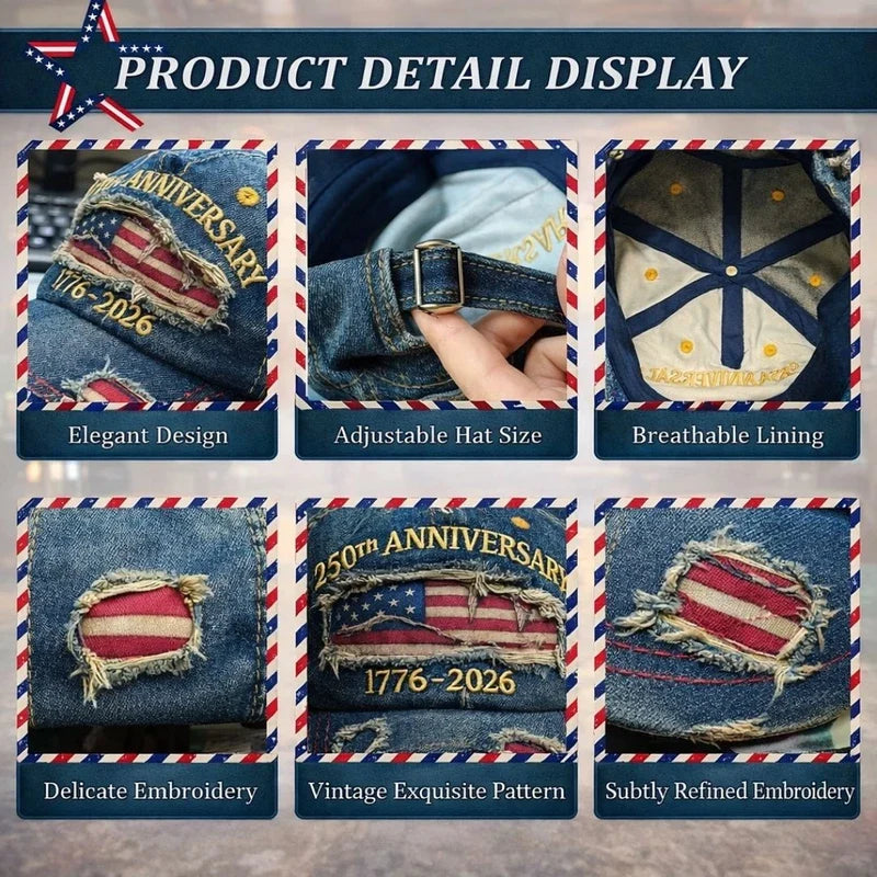 Gorra de béisbol conmemorativa: exhibición de detalles del producto de una gorra de béisbol de mezclilla, mostrando seis vistas de cerca de su diseño exterior, correa trasera ajustable, forro interior y detalles bordados