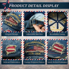 Gorra de béisbol conmemorativa: exhibición de detalles del producto de una gorra de béisbol de mezclilla, mostrando seis vistas de cerca de su diseño exterior, correa trasera ajustable, forro interior y detalles bordados