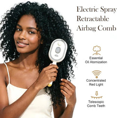 Electric Spray Air Cushion Massage Comb - Model using the retractable airbag comb on curly coily hair, with labeled feature icons