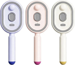 Electric Spray Air Cushion Massage Comb - Three handheld oval grooming devices in purple, pink, cream, shown from control side with smooth exteriors and colored handle ends