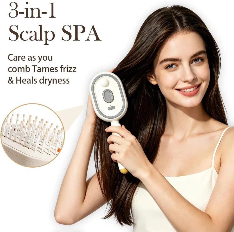 Electric Spray Air Cushion Massage Comb - Model using the 3-in-1 scalp spa comb on straight long hair, with closeup of rounded comb teeth