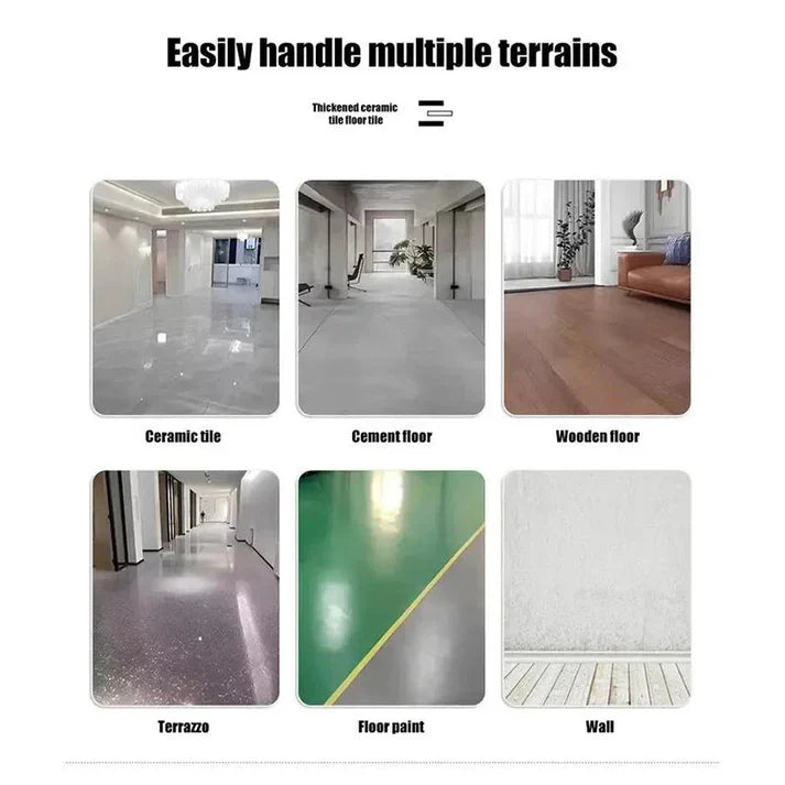 Collage showing surfaces including ceramic tile, cement floor, wood floor, terrazzo, floor paint, and wall; no peel and stick floor tile visible