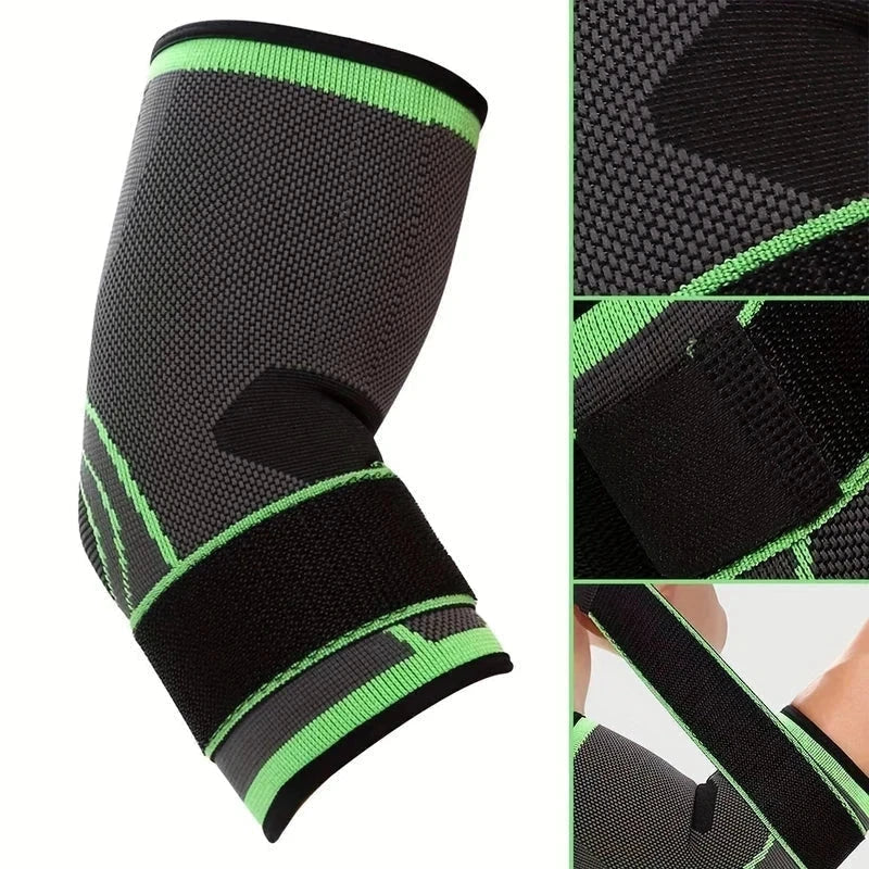 Elbow compression sleeve shown with three close-up detail insets of fabric, strap patch, and strap being adjusted