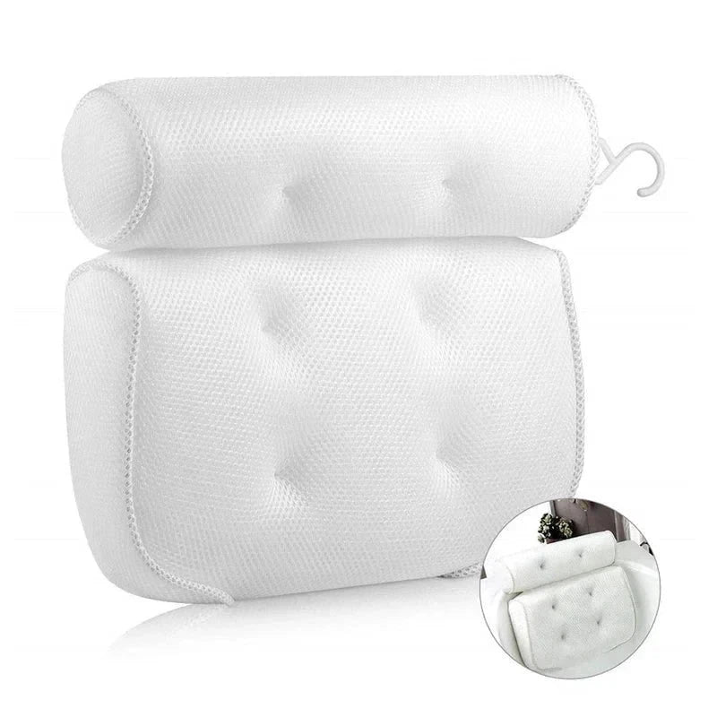 White two-section bath pillow with top hook, inset circular image shows pillow in a tub