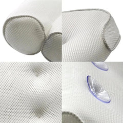 Four closeup detail shots of a bath pillow: mesh fabric texture, stitched curved edges, tufted indent, and clear suction cups with blue rims