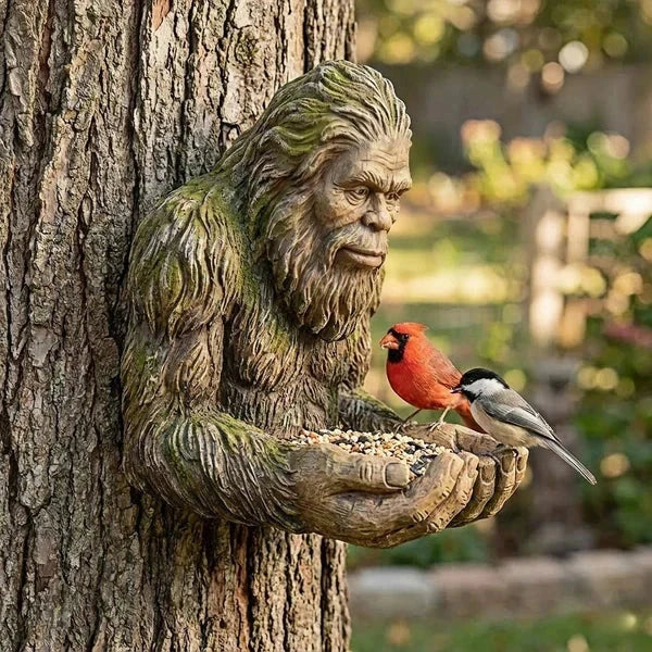 Garden Sculpture - Bigfoot tree sculpture mounted on a tree trunk holds birdseed in its cupped hands, with a cardinal and chickadee perched on the hands.