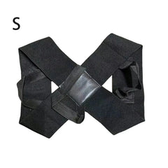 Black S size back brace laid flat against white background