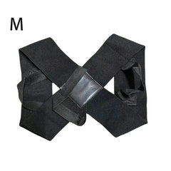 Black M size back brace laid flat against white background