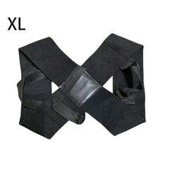 Black XL size back brace laid flat in X shape with central padded patch on white background