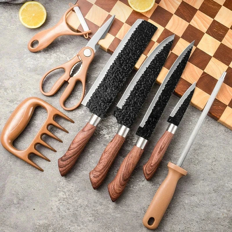 Hammered Knife Set - 8-piece kitchen tool set angled view on gray countertop with checkered cutting board and lemon garnish