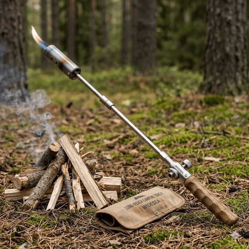Camping Long Flame Igniter - igniter with lit flame positioned next to a small campfire on forest ground with canvas storage pouch