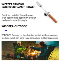 Camping Long Flame Igniter - infographic showing segmented igniter design alongside outdoor camping scene with two people by a fire