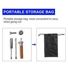 Camping Long Flame Igniter - disassembled igniter parts with small wrench next to black drawstring storage bag with portable storage bag text