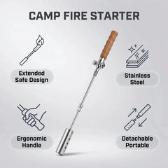 Camping Long Flame Igniter - Long camp fire starter with wood handle, surrounded by four line-icon feature callouts