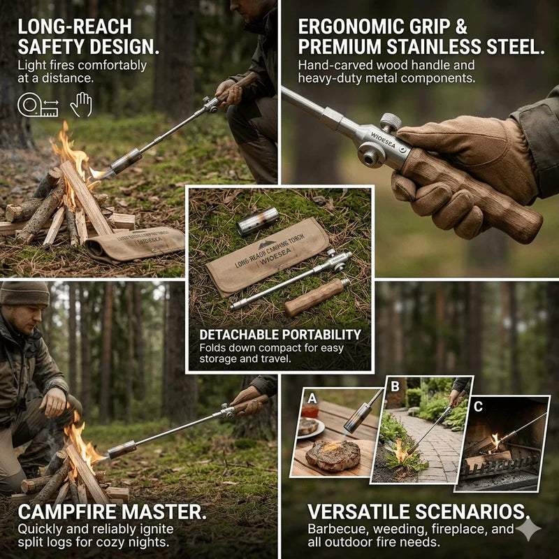 Camping Long Flame Igniter - Collage of a long fire starter in use for campfires, shown disassembled with a pouch, plus BBQ, weeding, and fireplace use scenes