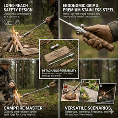 Camping Long Flame Igniter - Collage of a long fire starter in use for campfires, shown disassembled with a pouch, plus BBQ, weeding, and fireplace use scenes