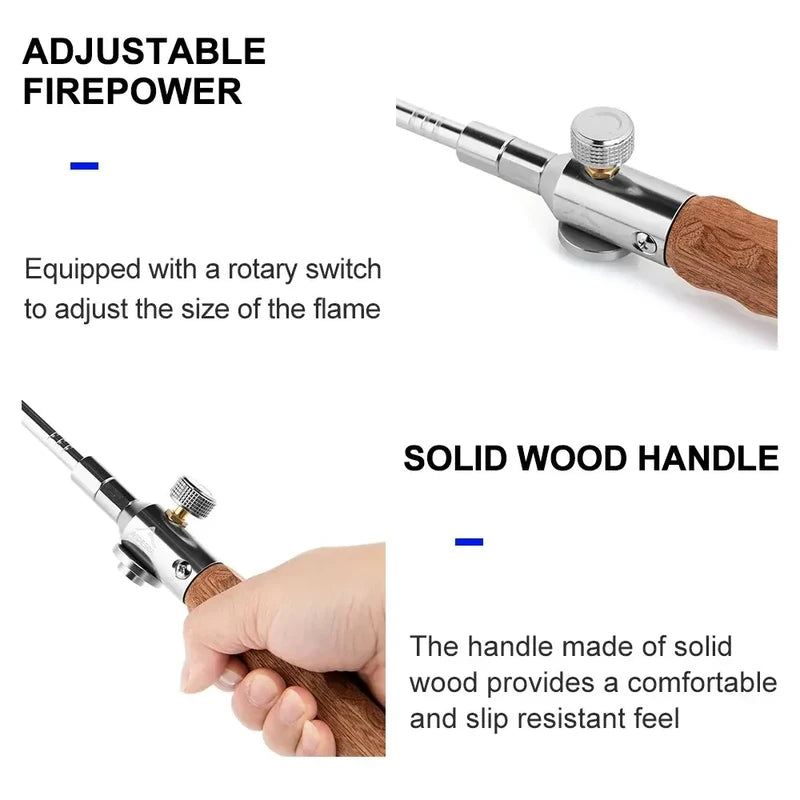 Camping Long Flame Igniter - Two close-up views of a fire starter: top shows rotary switch, bottom shows hand holding solid wood handle
