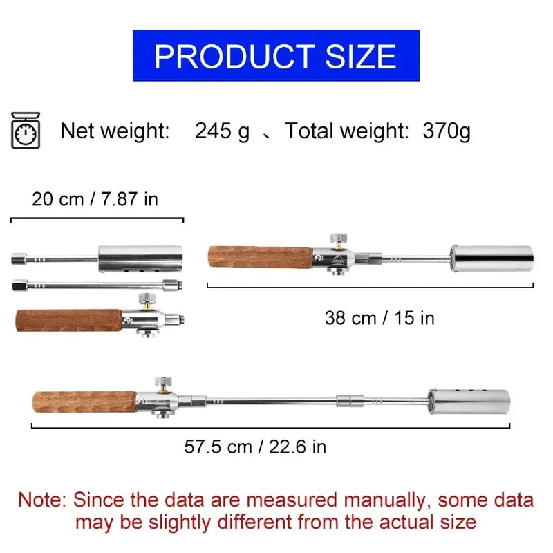 Camping Long Flame Igniter - Product size chart showing detachable campfire torch parts, with weight and length measurements in cm/inches, plus a manual measurement note.