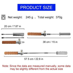 Camping Long Flame Igniter - Product size chart showing detachable campfire torch parts, with weight and length measurements in cm/inches, plus a manual measurement note.