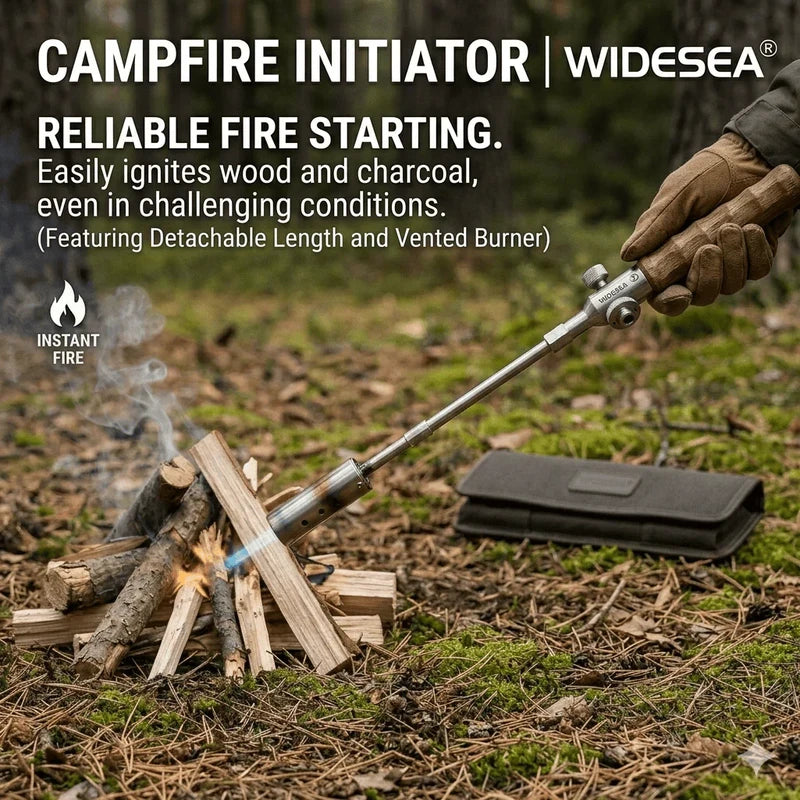 Camping Long Flame Igniter - Gloved hand holds a lit torch igniting a small campfire on forest ground, with a black fabric case placed nearby.