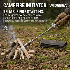Camping Long Flame Igniter - Gloved hand holds a lit torch igniting a small campfire on forest ground, with a black fabric case placed nearby.