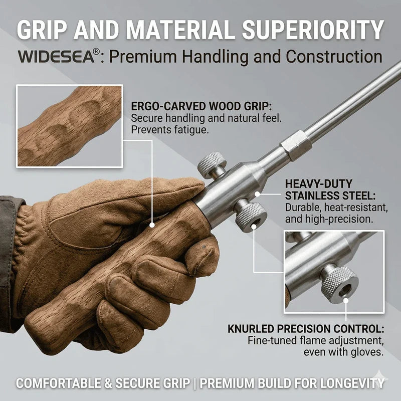 Camping Long Flame Igniter - Gloved hand grips a torch with carved wood handle; callouts show handle texture, stainless steel body, and knurled control knobs.