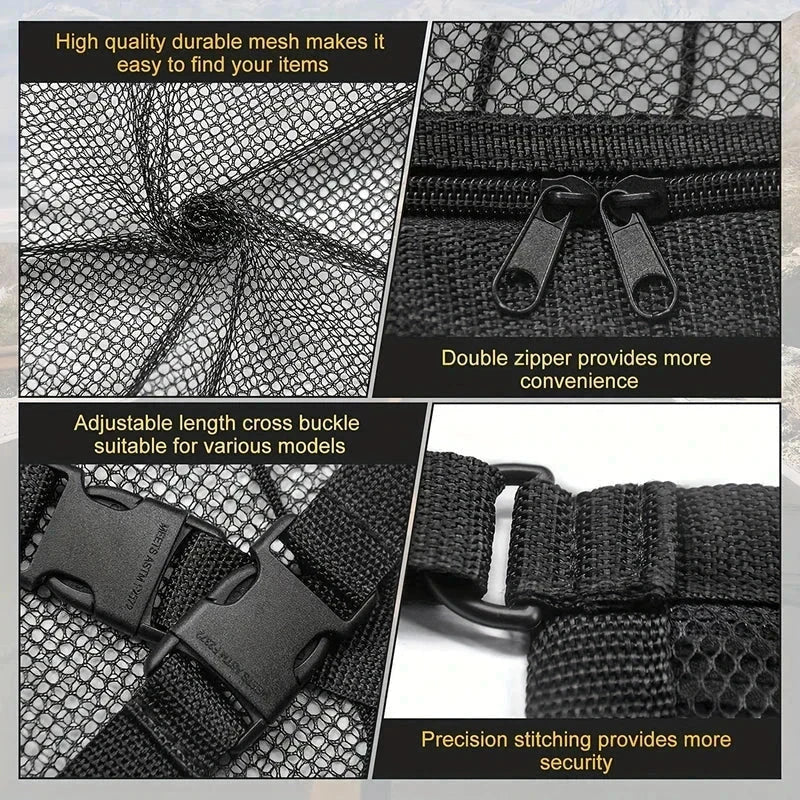 Car Back Seat Organizer Storage Bag - Four closeup details of a black mesh item: net weave, double zippers, adjustable buckles, and stitched D-ring