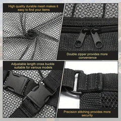 Car Back Seat Organizer Storage Bag - Four closeup details of a black mesh item: net weave, double zippers, adjustable buckles, and stitched D-ring