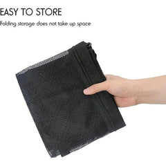 Car Back Seat Organizer Storage Bag - Hand holding a folded black mesh zippered pouch, with text reading EASY TO STORE