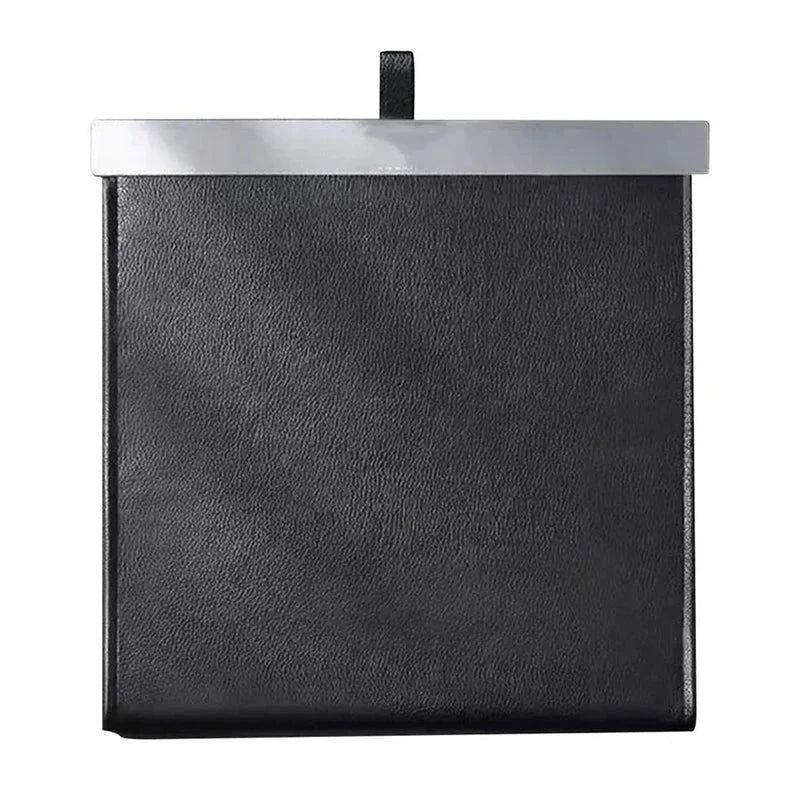 Car Seat Organizer Bag - black faux leather storage bag with silver top trim front view
