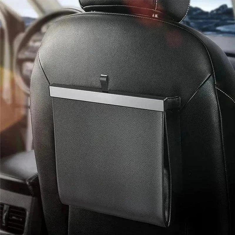 Car Seat Organizer Bag - black storage bag mounted on car front seat back interior view