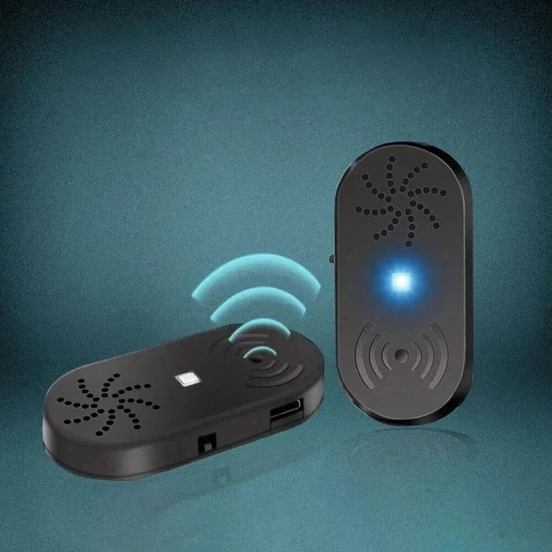 luz de puerta abierta del coche - Dos dispositivos sensores inalámbricos ovalados negros, uno acostado y otro de pie, con gráficos de onda de señal inalámbrica y luz azul entre ellos